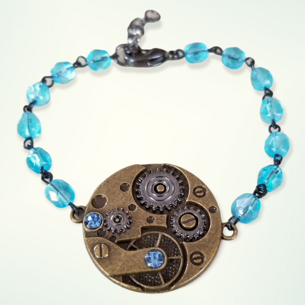 Hand Crafted Steam Punk Pendant Rosary Chain Crystal Beaded Bracelet - Picture 1 of 8